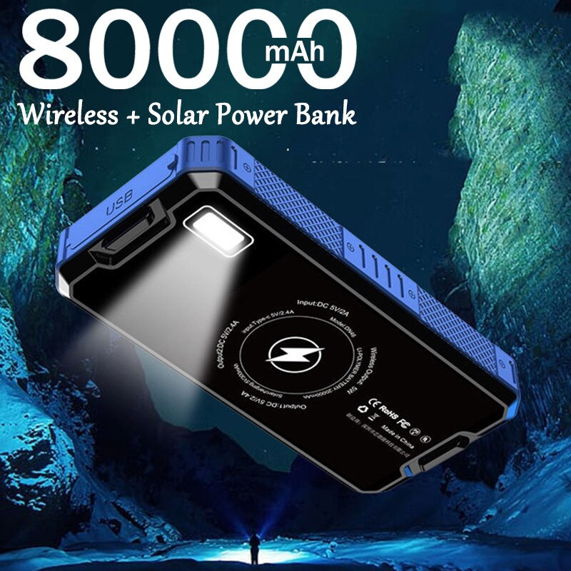 Solar Wireless Charging Battery Power Bank 80000 mA Solar Panel Solar External Charger Portable for iPhone Samsung Huawei