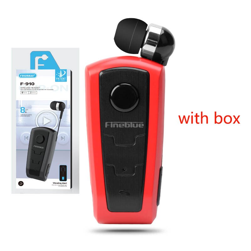 FineBlue F910 Bluetooth Headset - Clip-on, Vibration Alarm, Retractable Cord, Hands-Free Calling: F910--RD-BOX