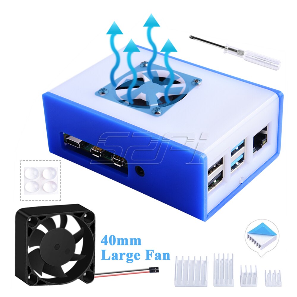 52Pi Acrylic Case Plastic Enclosure Shell Cover Blue / Red / Green with Large 4010 Cooling Fan Heat Sinks for Raspberry Pi 4B: Blue