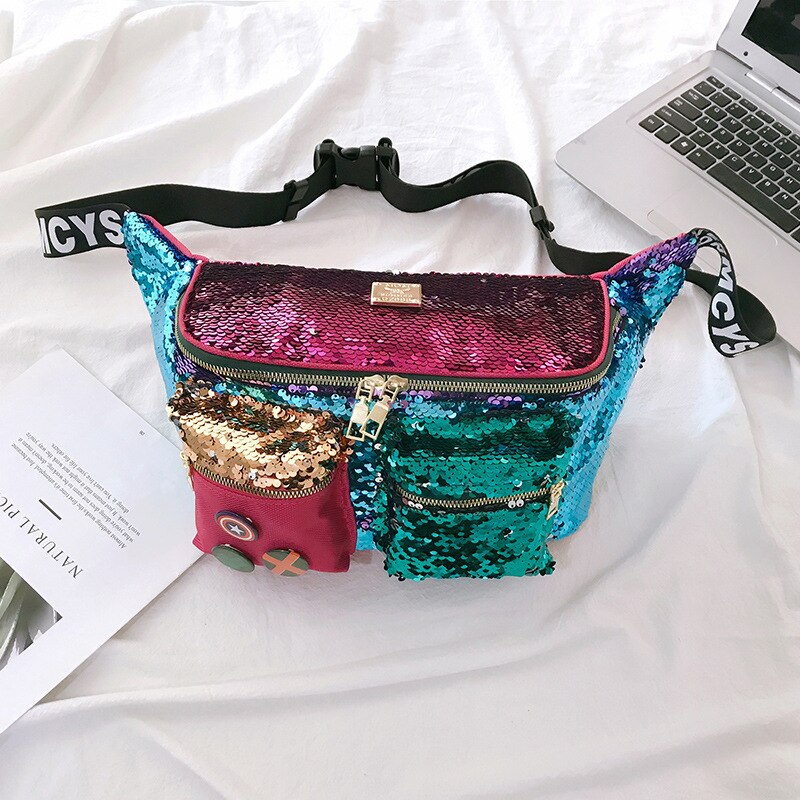 Kleur Pailletten Vrouwen Taille Tas Grote Capaciteit Hip Hop Fanny Pack Meerdere Zakken Riem Zakken Vrouwelijke Schouder Crossbody Borst tas: Blue  waist bag