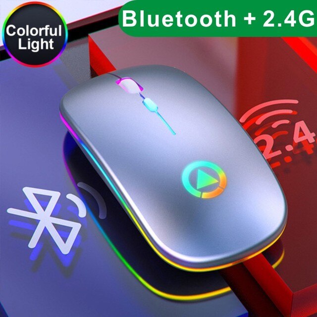 Wireless Mouse RGB Rechargeable Mouse Wireless Computer Mute Mouse LED Backlit Gaming Office Mouse Laptop Accessories: Bluetooth Grey