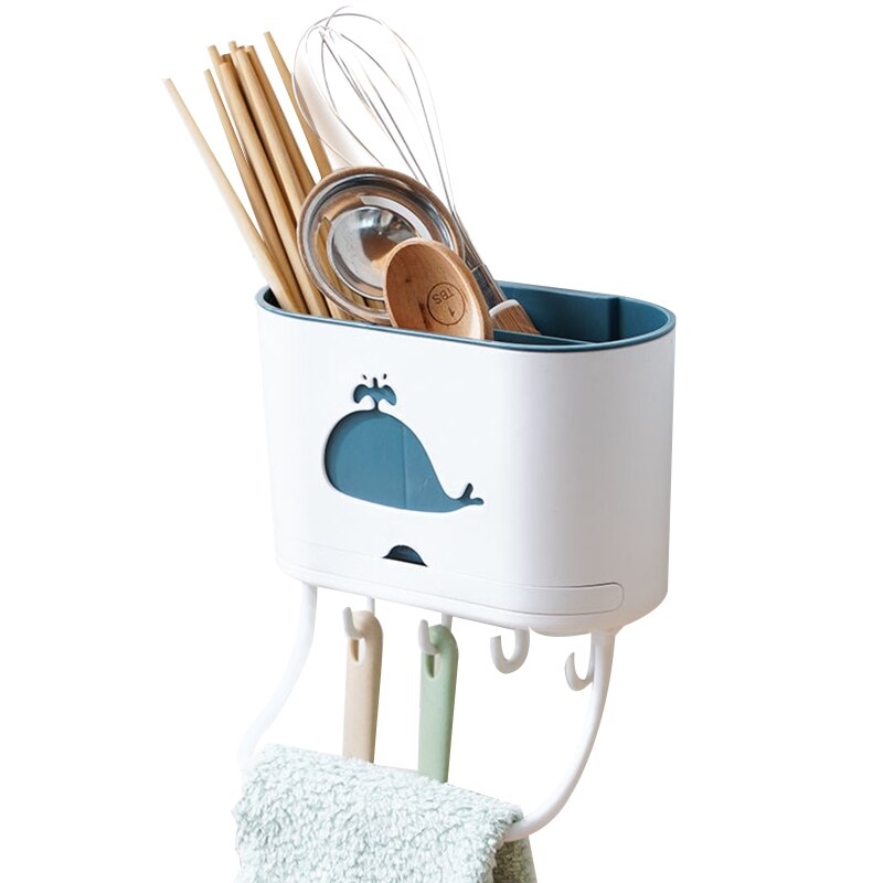 Multi-use Kitchen Organizer Wall Mounted Utensil Rack Flatware Drying Rack Sink Caddy with Hooks &amp; Towel Rack Punch-free: white blue