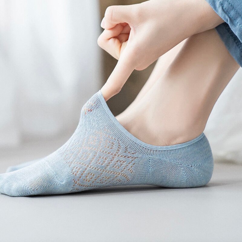 5 Pairs Women Silicone Non-slip Invisible Socks Summer Solid Color Mesh Ankle Boat Socks Female Cotton Slipper No show Socks