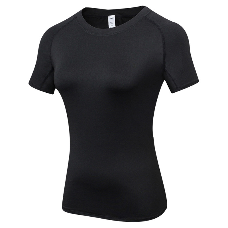 Damkompressionströja kortärmad atletisk yoga löpartröja sommar gymträning snabbtorkande stretchiga t-shirts toppar baslager: Xl / Svart