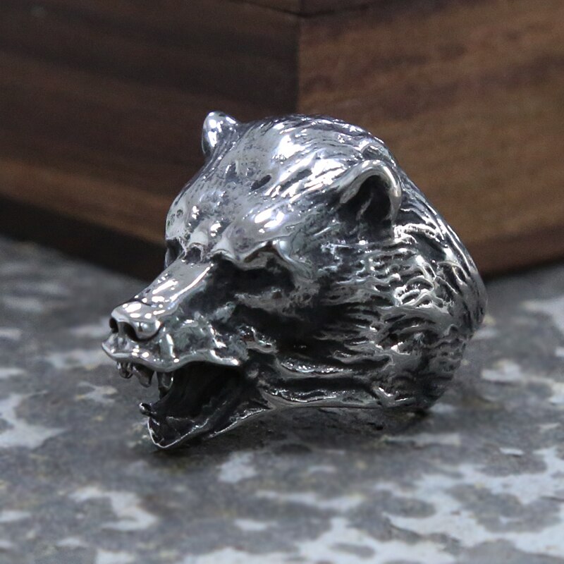 Anillo de cabeza de oso vikingo moderno, anillo cabeza de Animal Punk motorista de acero inoxidable dominante, anillos de oso eslavo para hombres, , tamaño 8-13