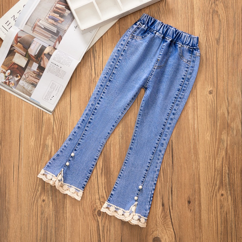 Jeans pour filles printemps et automne décontracté 3-12 ans pantalons évasés amples pour enfants dentelle perle pantalons en Denim pour filles: Beige / 11