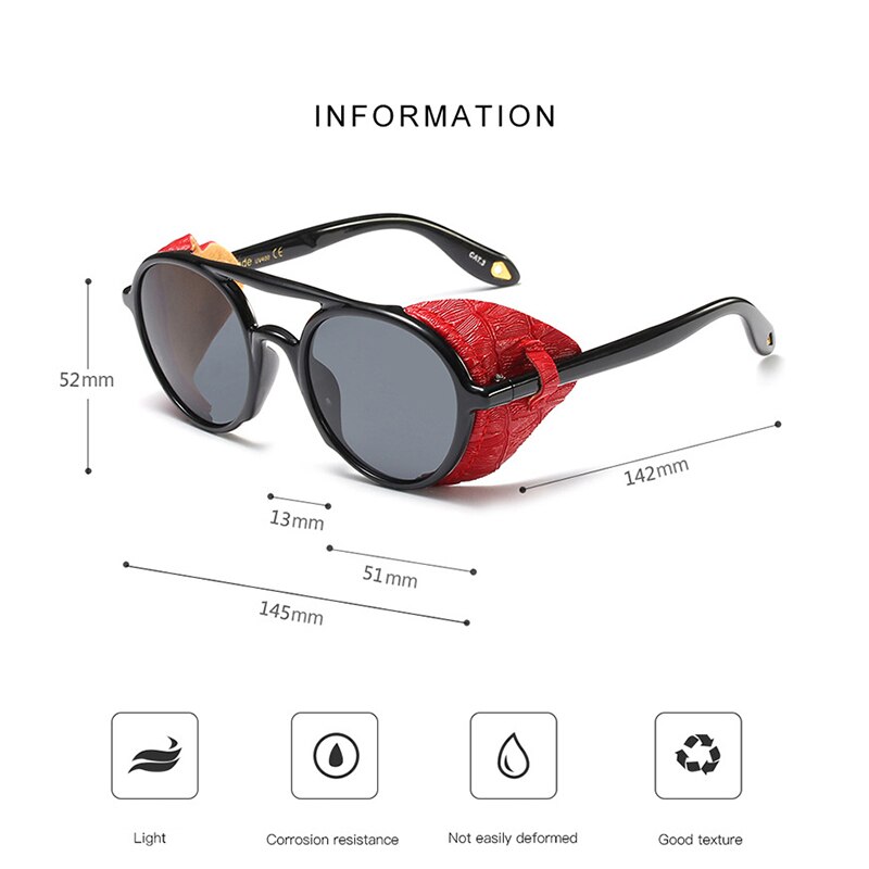 KEITHION Steampunk Men Sunglasses With Side Shields Summer Style Leather Round Sun Glasses Women Retro UV400