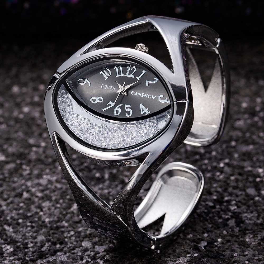 Luxe Silver Diamond Armband Horloges Ogen Vorm Uniek Quartz Vrouwen Horloge Casual Dames Klok Reloj Mujer: Silver Black