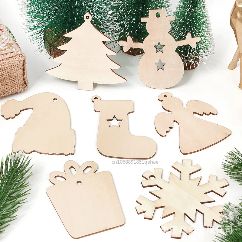 100-10PCS Christmas Wooden Ornaments Unfinished DIY Christmas Crafts for Xmas Tree Pendant Ornaments Navidad Year Decor