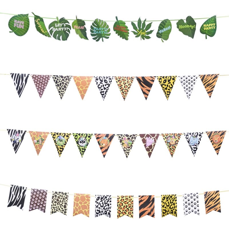 1 sæt jungle fødselsdagsbannere dyr guirlande fødselsdag papir vimpel palmeblad flag bunting baby shower safari dyr dekoration