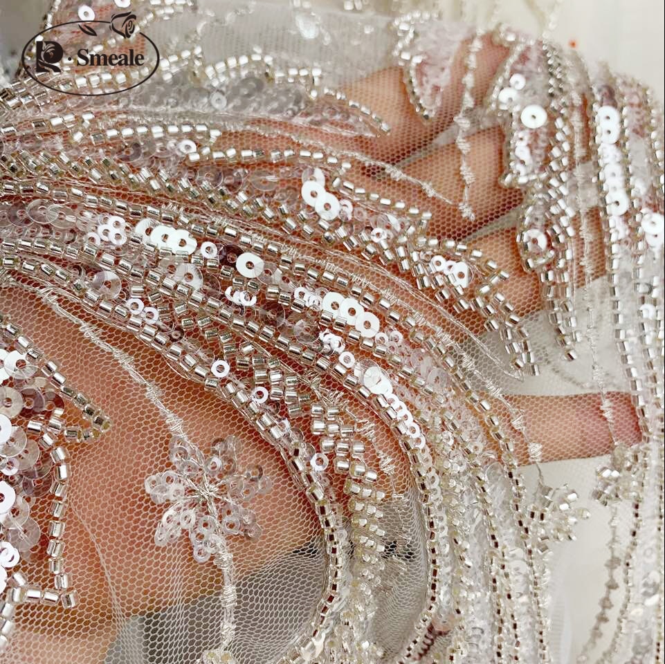 Luxe Europese En Amerikaanse Bruiloft Sequin Zilveren Kralen Kant Stof Positionering Bloemen RS2771