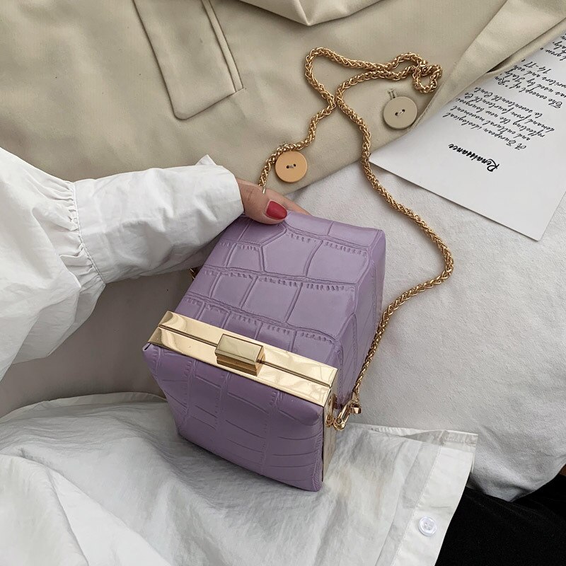 Mini crossbody tas met krokodillenmotief, hoge pu leren dames handtas, schoudertas met ketting: Paars