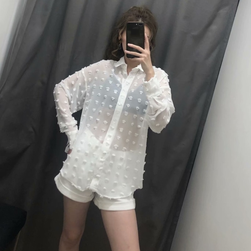 Kvinnor pricksömmar casual chiffong blus skjorta dam långärmad chic blusas perspektiv vit chemise toppar  ls3725