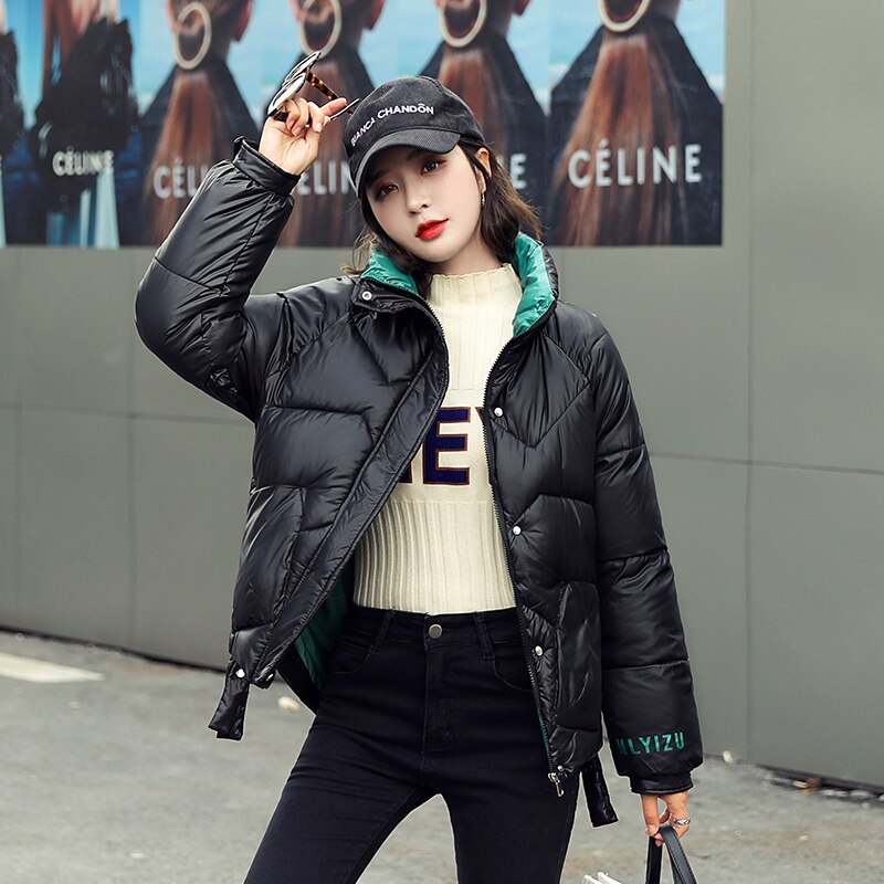 Stehen Kragen frauen Jacken Übergroßen Solide Parkas Weibliche Winter verlieren Dicke Baumwolle Gepolsterte knapp Drucken lässig Outwear: Schwarz / XXL