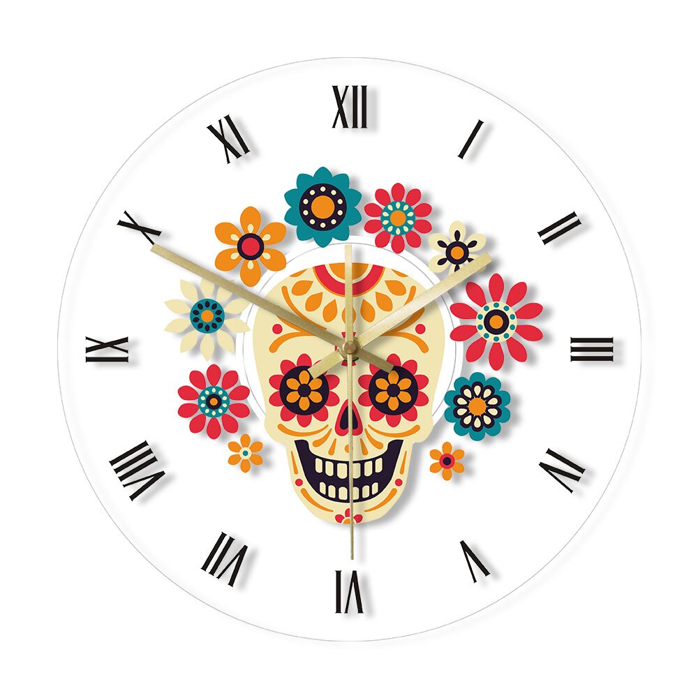 Meksikolainen kukka sokeri kallo kuolleiden päivä morden riippuva yövalo dia de los muertos seinäkello led -taustavalolla