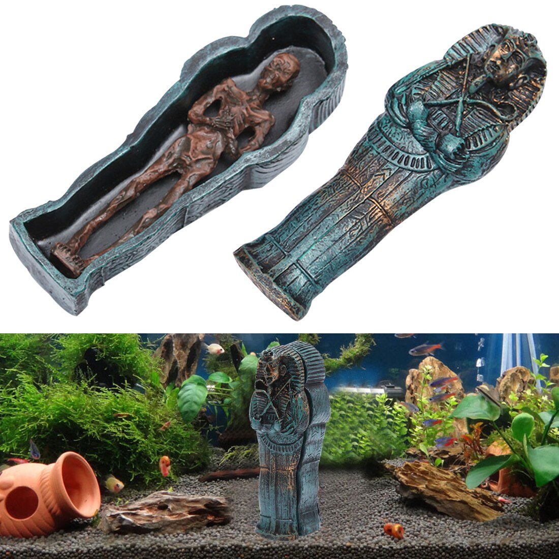 Aquarium decoratie landschap schedel skelet mummie egypte spel knutselen oud hars handgemaakte accessoires aquarium voor reptielen