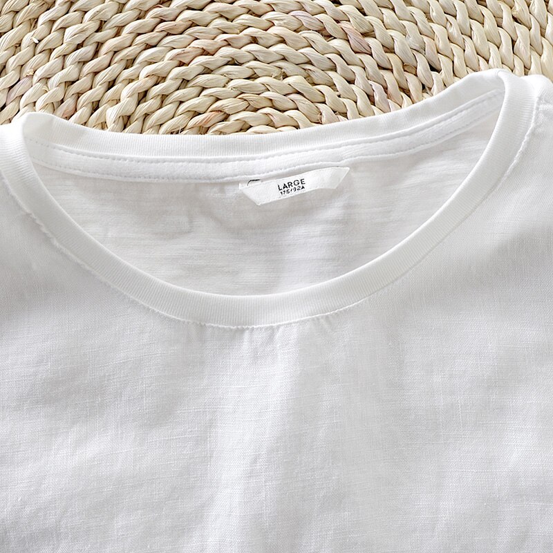 summer men&#39;s linen t-shirt casual round neck white t shirt men breathable stitching short sleeve tshirt mens camiseta 3XL