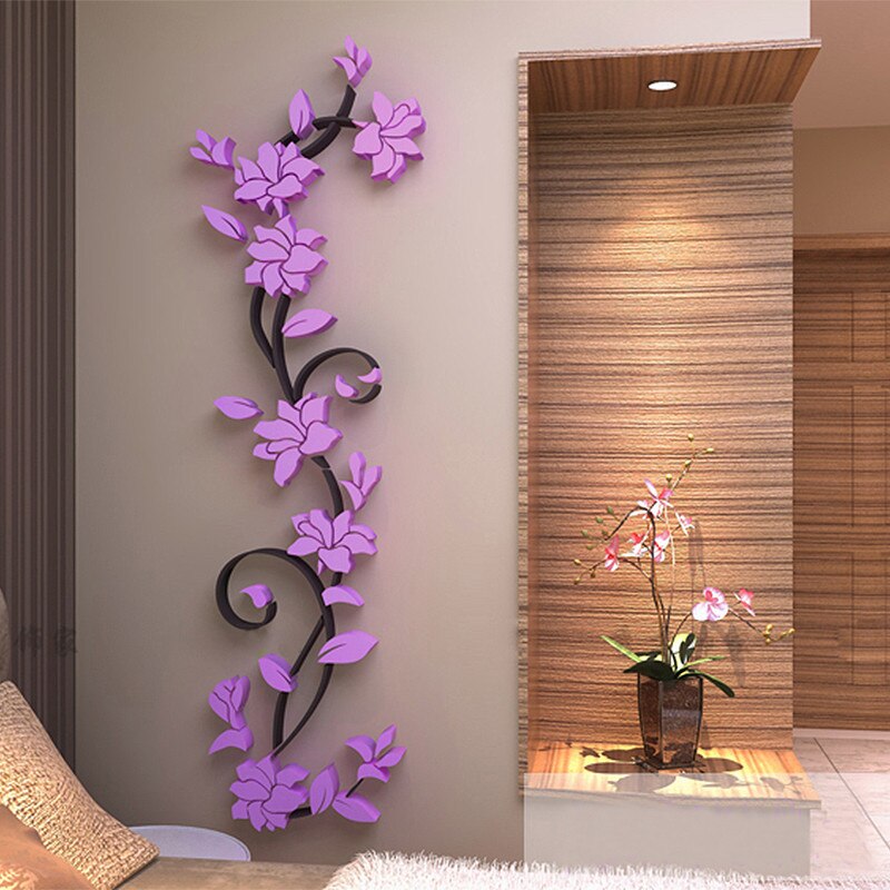 3D Acryl Muursticker DIY Rose Bloem Wijnstok Muurstickers Muurschilderingen Behang Thuis TV Sofa Achtergrond Muur Poster Decoratie: Paars