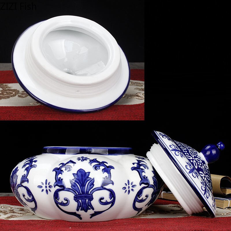Jarrón de cerámica con textura de flor, jarrones pintados clásicos de porcelana azul y blanca, decoración Vintage para el hogar, tarro de almacenamiento de té Caddy con cubierta