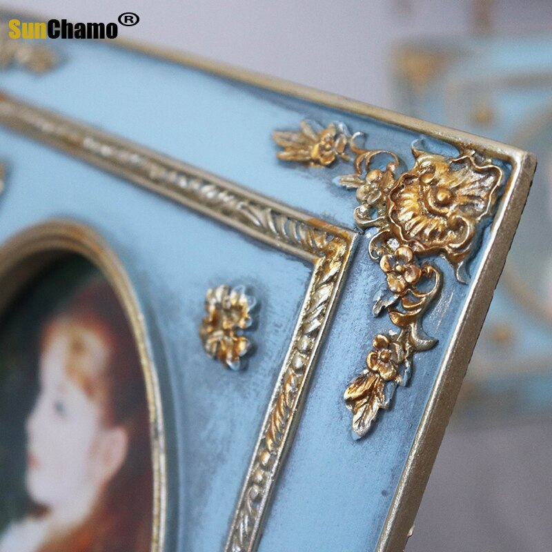 European Style Retro Gold and Blue Carved 6 Square 4 Inch Photo Frame Set Up French Light Luxury Resin Framed Wall Art