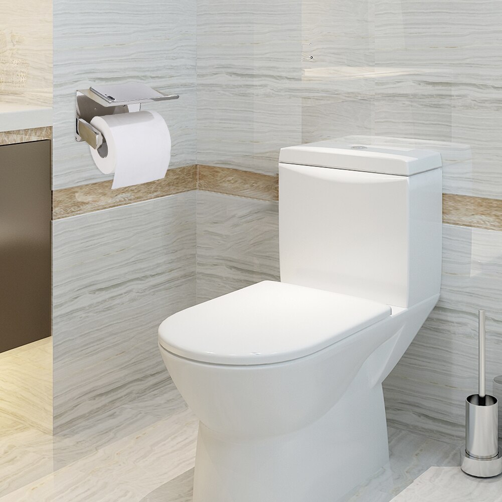 Rustfrit stål vægmonteret sølv toiletpapirholder silkepapirholder rulleholder med telefonopbevaringshylde adgang til badeværelset