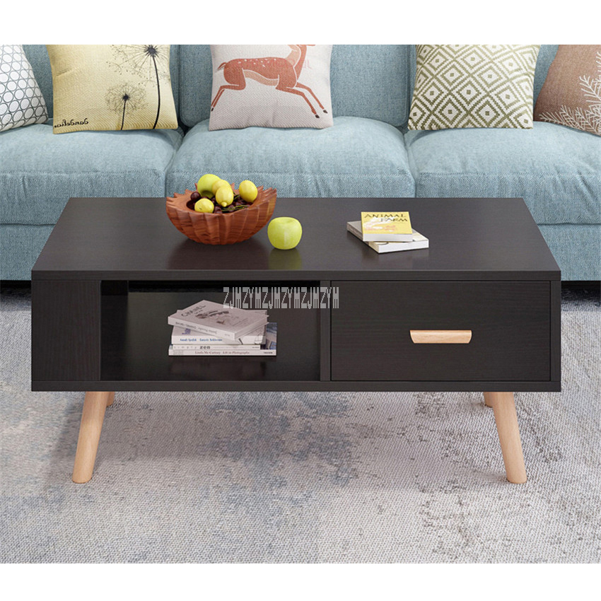 BO-003 Minimalist Modernity Coffee Table Rectangular Teapoy 1-Drawer Modern Living Room Side Table Solid Wooden Leg Tea Table
