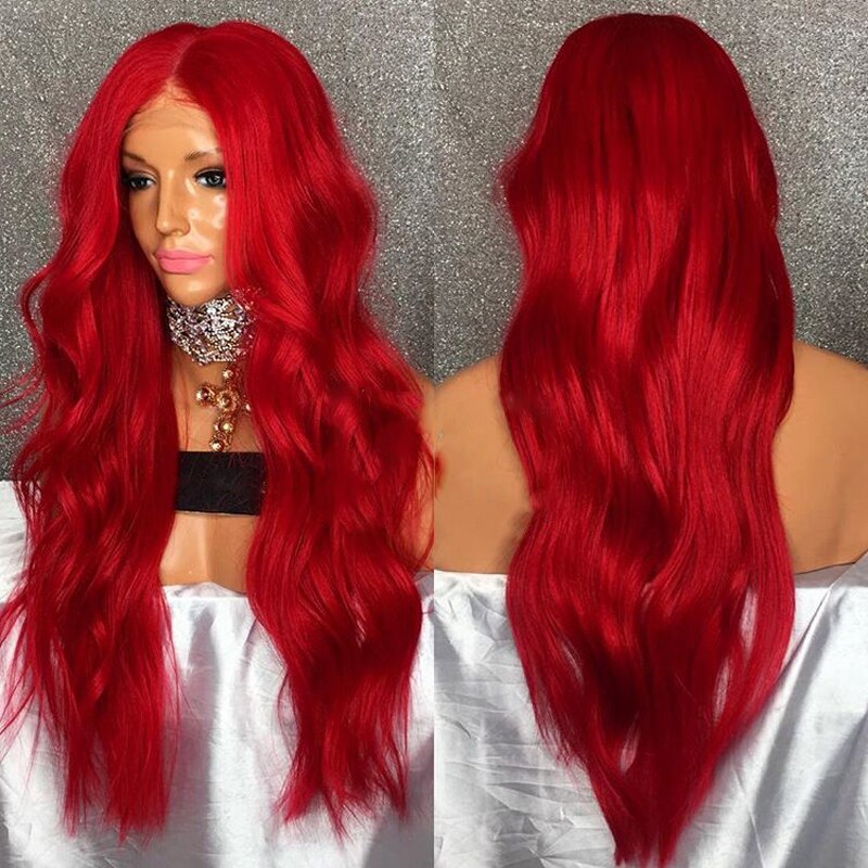 DLME Red Wavy Wig For Black Women Heat Resistant Hair Long Red Synthetic Lace Front Wigs Natrual Looking