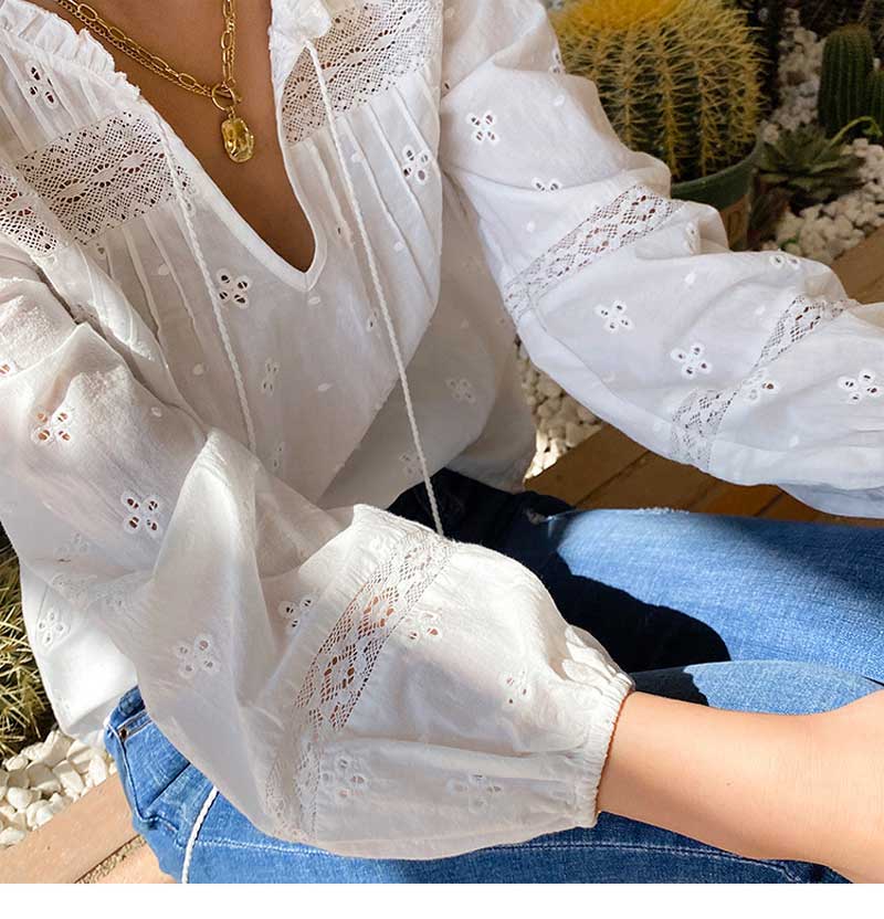 Boho inspireret hvid bluse kvinder langærmet hul ud bomuld forår sommertoppe boho bluse v-hals kvast bluse skjorte
