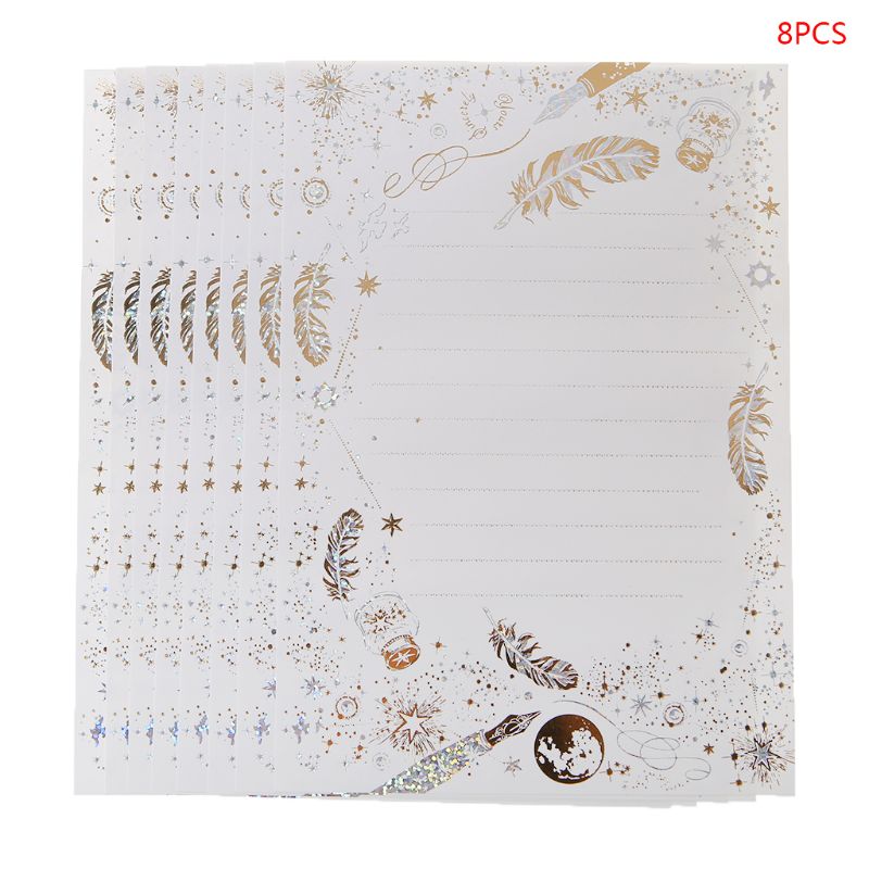 8 ark high-end vintage bronzing fjær velsignelse brev papir pad skrive kontor skoleartikler: Hvit