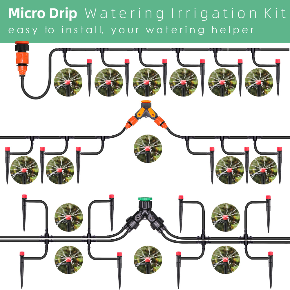 13CM Drip Irrigation System 1/4'' Hose Adjustable Sprinkler Kit 4-Way Micro Watering Flow for Garden Flowers Vegetables