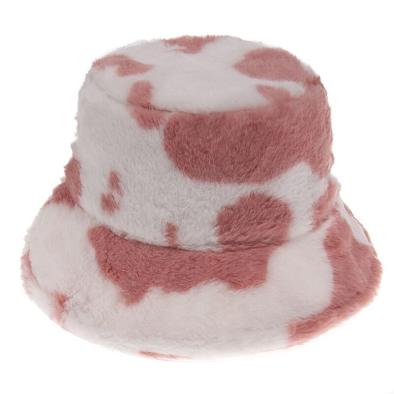 Kvinder vinter varm fluffy overdådig spand hat mælk ko print panama fisker kasket  lx9e: 3