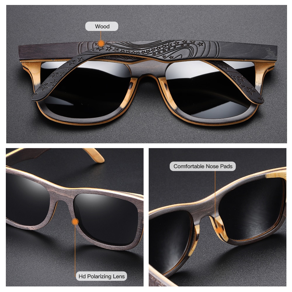 GM Brand wood Sunglasses Men Polarized Black Skateboard Wood Sunglasses Retro Vintage Eyewear S5832