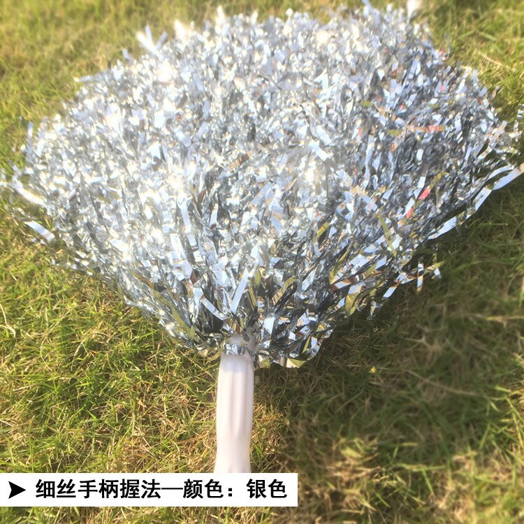 25-30CM Girl Pom Poms Sparkly Filament Hand Flower Cheerleader Holding Pompom Cheerleader Flower Ball Dance Game Cheer Props: silver-handle