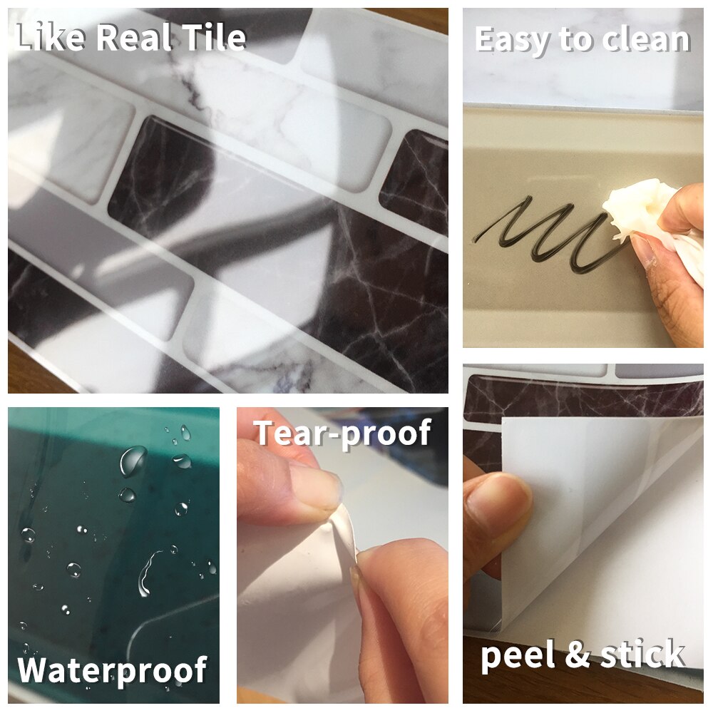 Funlife® 20 x 10cm svart terrazzo väggklistermärke gör-det-själv dekorativa miljövänliga pvc-kakelklistermärken för badrum kök hem vägggolv