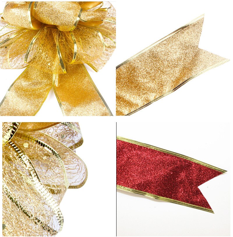 45*25cm store guldrøde funklende glitter julebåndsløjfer til juletræspynt gør-det-selv håndlavet juletræsbue-knude