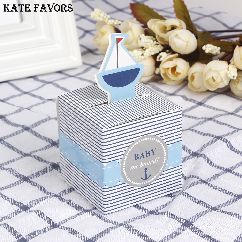 12 Stuks "Baby On Board! "Pop-Up Zeilboot Baby Candy Box Blue Birthday Party Baby Shower Decoraties Kids Favor Box