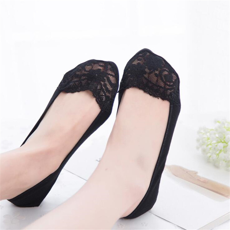 Calcetines invisibles antideslizantes de silicona para mujer, medias tobilleras de encaje de Color sólido, de algodón, para verano, 5 pares