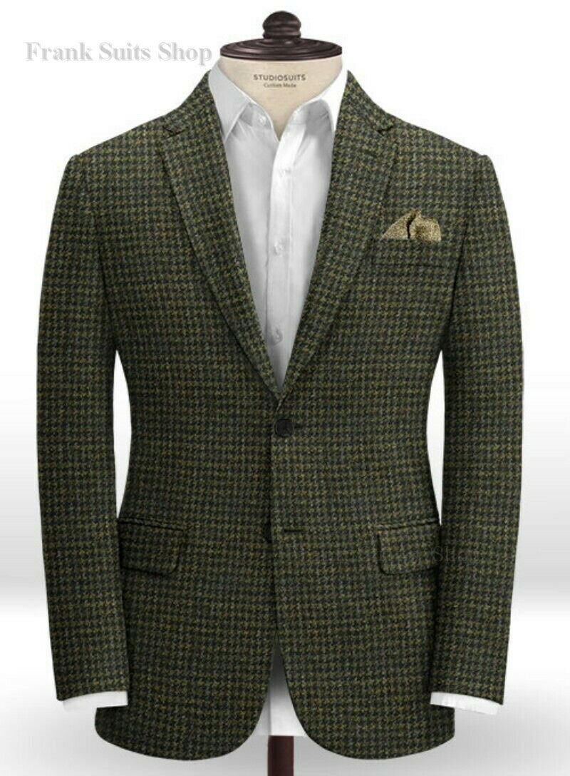 Formal Men's Suits Regular Fit Plaid Wool Tweed Prom Green Tuxedos Solid Business Brown Suits for Wedding Grooms Best Man