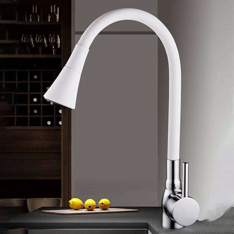 Grifo de cocina giratorio con resorte, grifos de deformación de goma, grifo mezclador, fregadero de agua fría y , accesorios de cocina, rotación de Cardan: Blanco