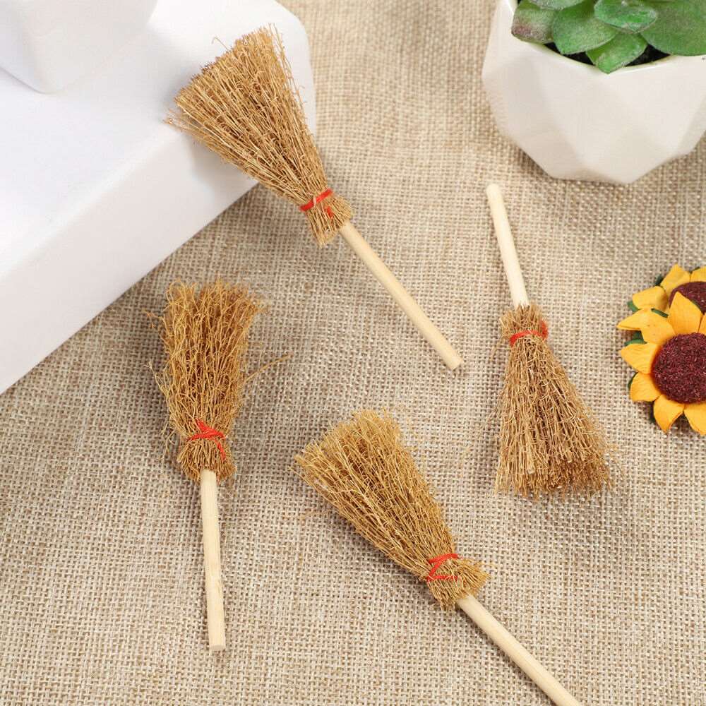 12pcs Mini Witch Broom Costume Hangings Decorations Toys With Red Rope Straw Broom Halloween Party Decoration