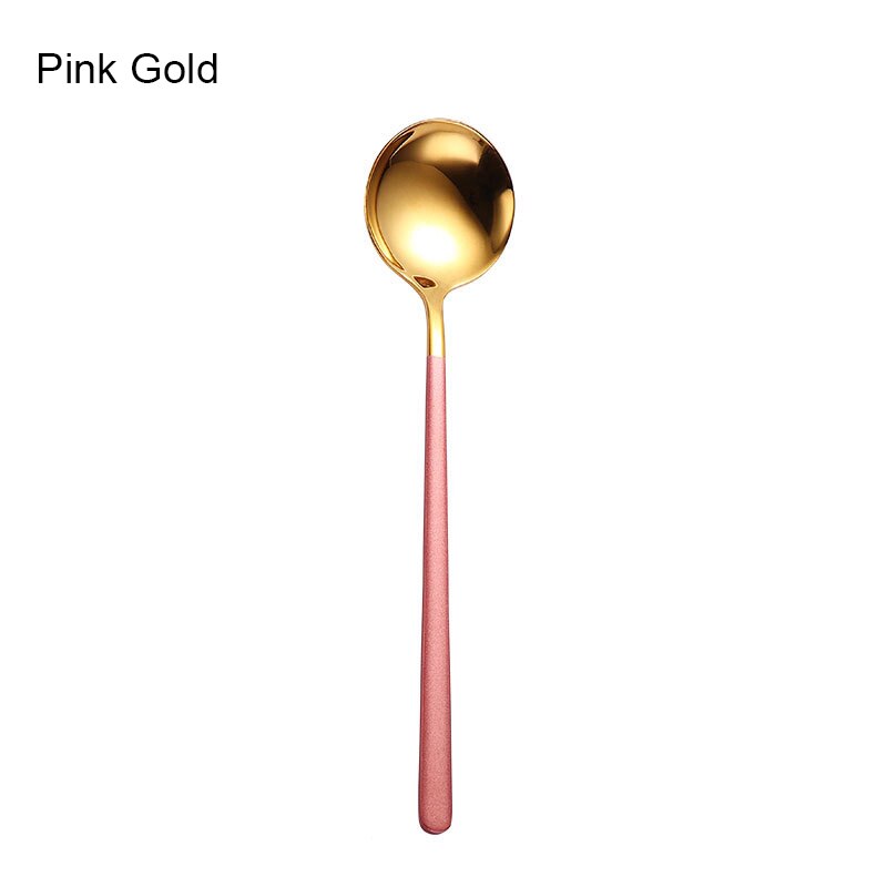 Stainless Steel Spoon Korean Style Spoon Household Exquisite Long Handle Spoon Soup Bibimbap Spoon JW: Pink gold