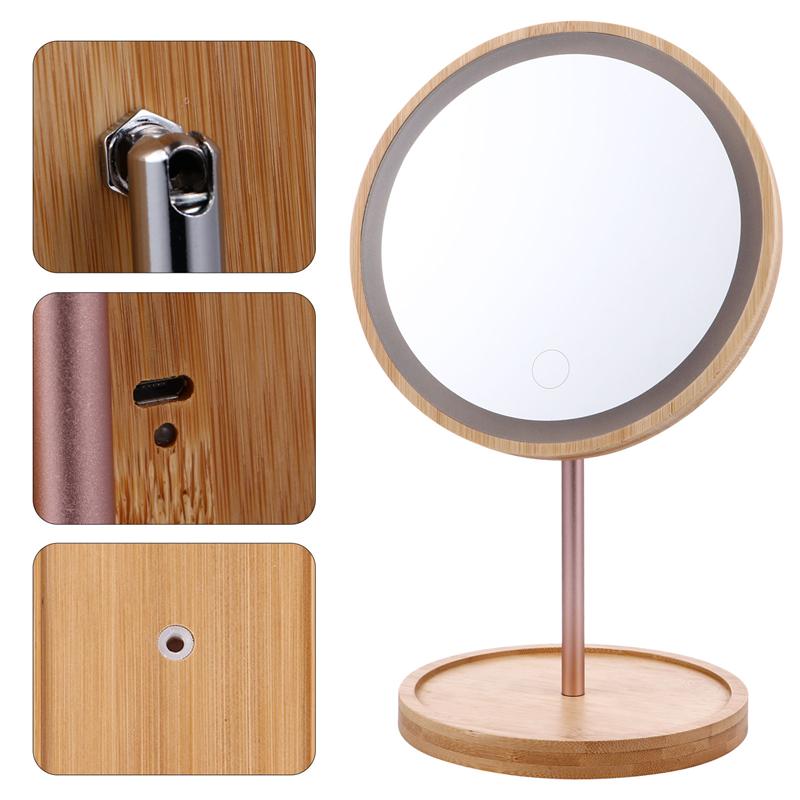 Miroir de maquillage en bois avec dessus de table pivotant à 90 °, miroir de vanité LED