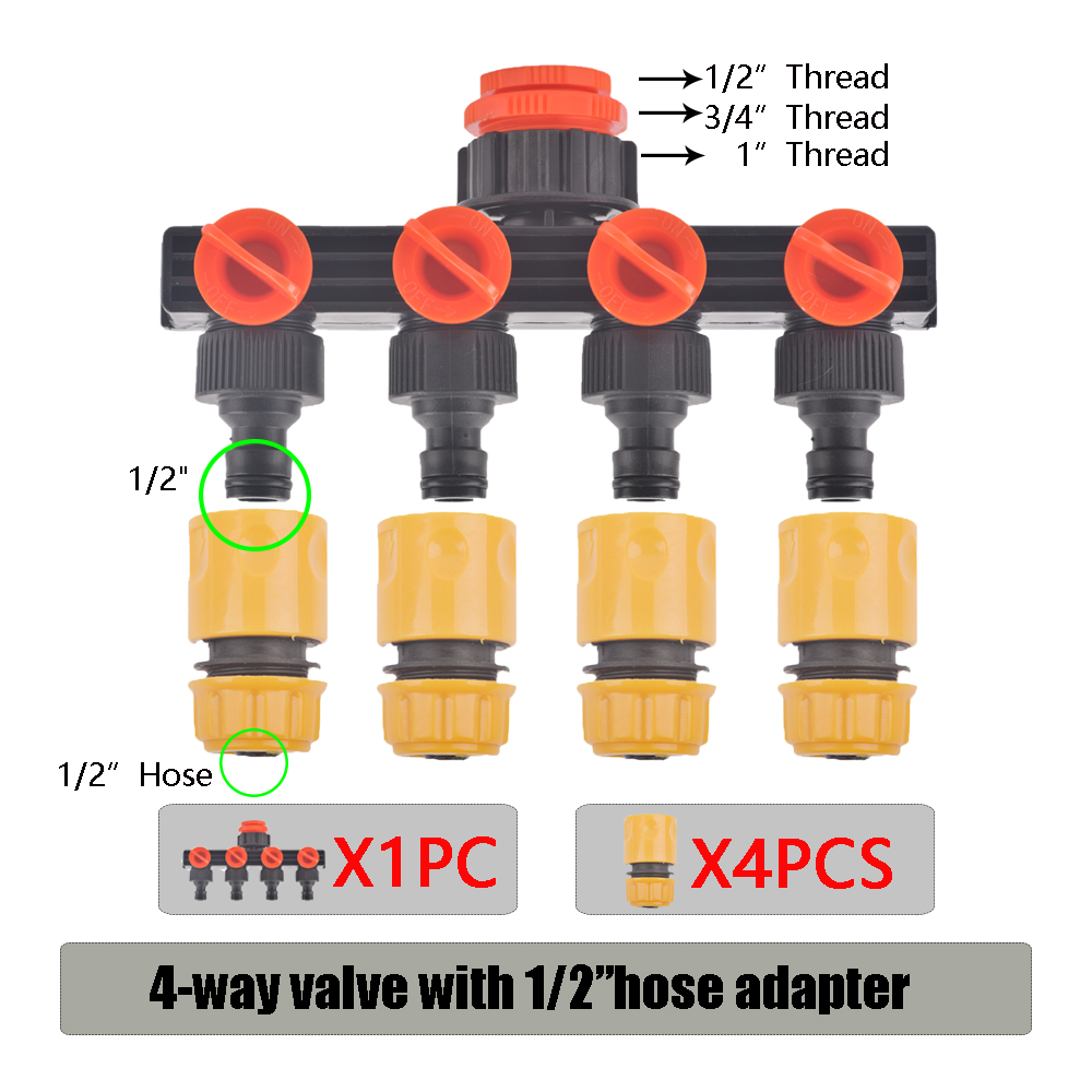 1/2'' 3/4'' 1'' Water Tap Splitter 4-Way Outlet Garden 4/7mm 8/11mm Watering Hose Adaptor Drip Irrigation for Greenhouse: YL-LJ-B