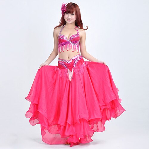 Ropa de baile de rendimiento, conjunto de danza del vientre, 2 uds., conjunto de traje de danza del vientre egipcio para mujer,: Rose red