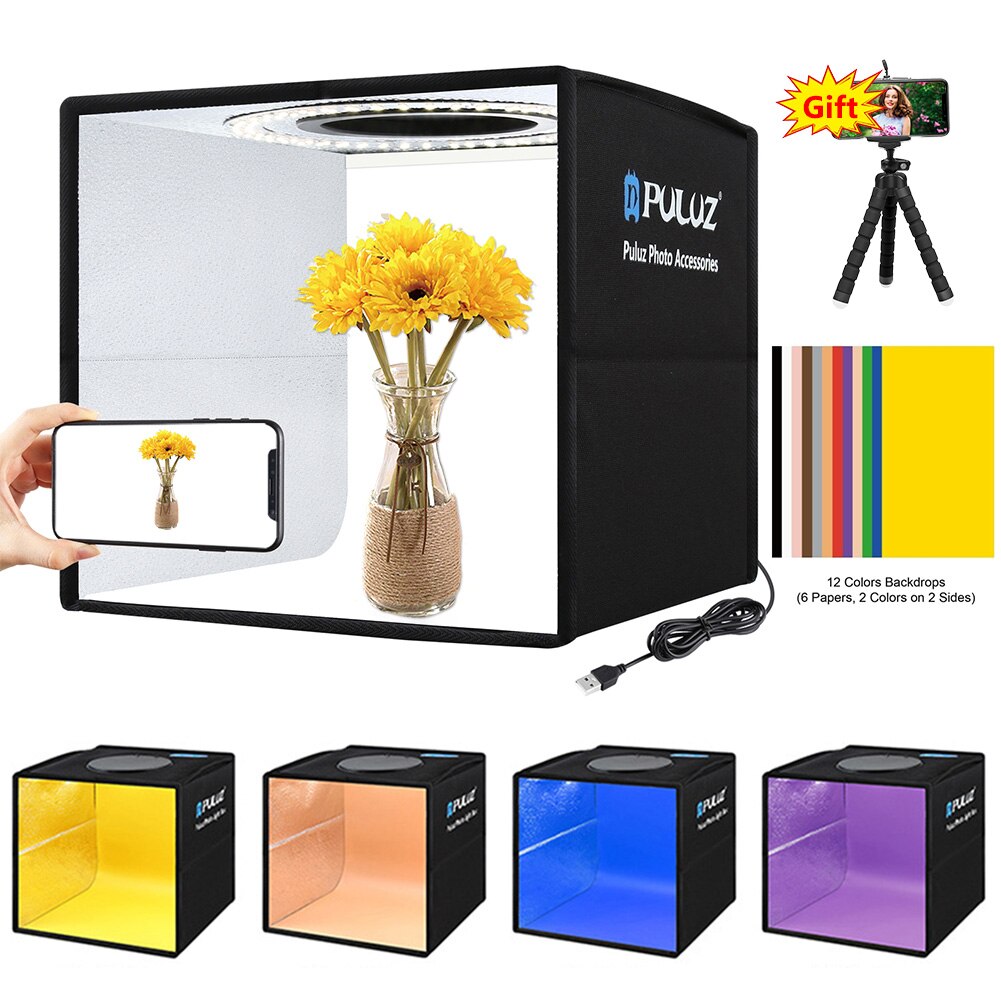 PULUZ Photo Studio Light Box with 12 Colors Background Mini Tabletop Lightbox Photography Soft Box Shooting Box Tent Ring Light