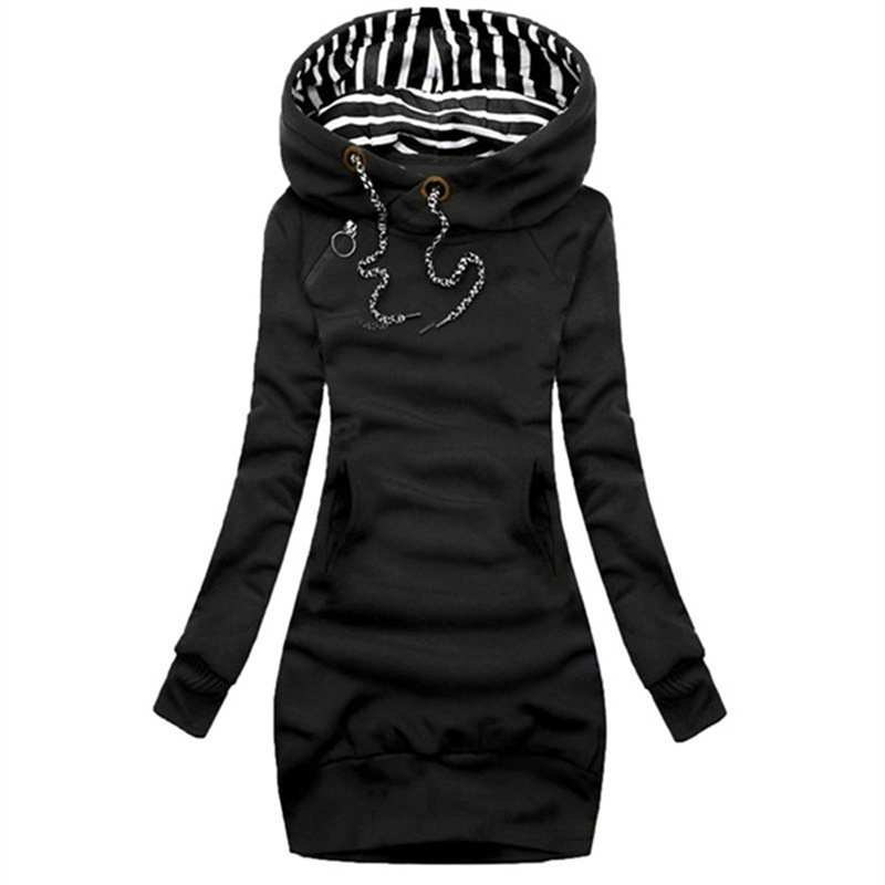 Hoodieklänning avslappnad enfärgad långärmad hoodieklänning med dragsko smal hoodieklänning med tröja: Xxxl / Svart