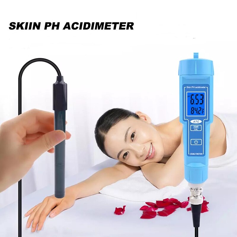 Digital Skin PH Meter Pen Type Acidimeter Automatic Calibration Backlight Display Replaceable BNC Probe 2 in 1 PH TEMP Tester