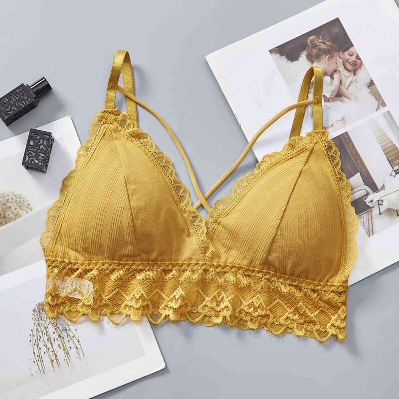 Effen Kleur Sexy Kant Gewatteerde Bras Schoonheid Terug Dunne Buis Top Criss-Cross Strap Verpakt Borst Vrouwen Sexy Bras lingerie: YELLOW