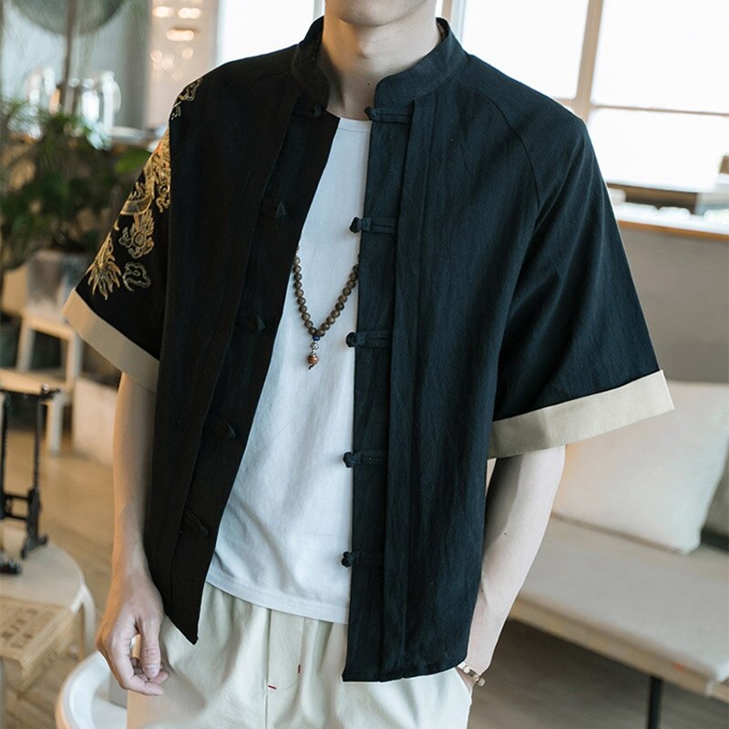 Chinese style plus size male extra large code tide big man slimming 9XL linen half sleeve shirt cardigan embroidery 9XL 10XL