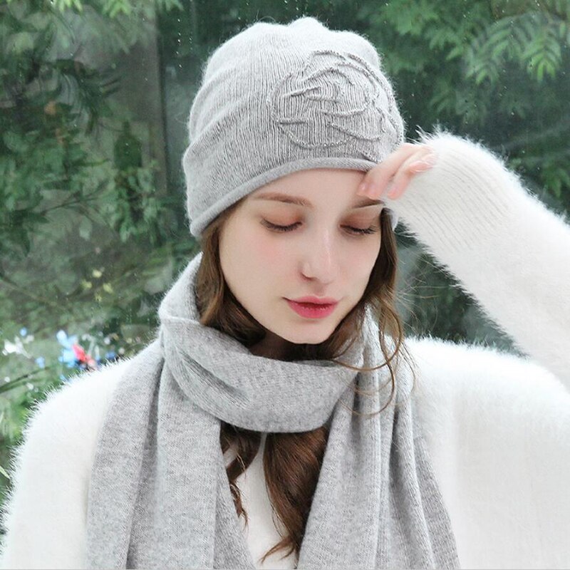 Kvinder hat tørklæde sæt efterår vinter uld hatte afslappet varm baret stil kvindelige beanies: Grå